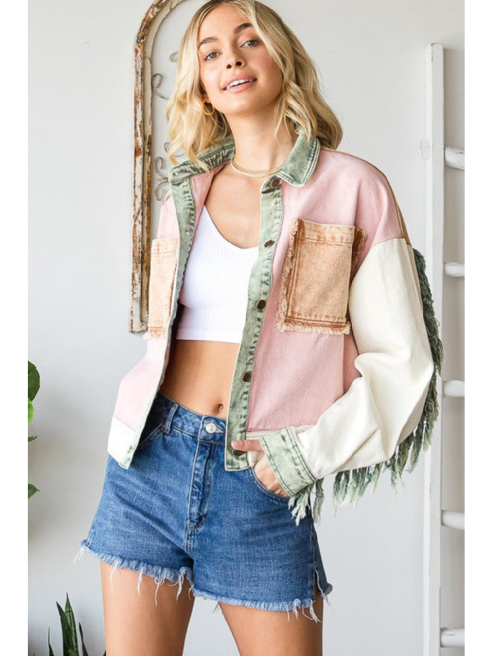 Oli & Hali Washed Colorblock Button Down Fringe Twill Jacket Pink Size Medium